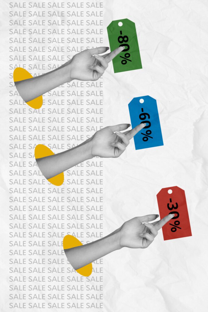 Banner sketch collage of people paying with discount coupon autumn black friday special sale isolated on white color background
